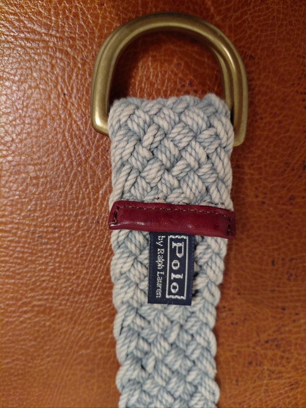 Vintage POLO Ralph Lauren chambray belt cotton braided ring leather trim Rare Lg